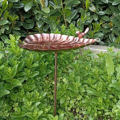 20-Inch Copper-Look Leaf Bird Bath with Bird Accent and Two-Prong Garden Stake for Yard and Lawn
