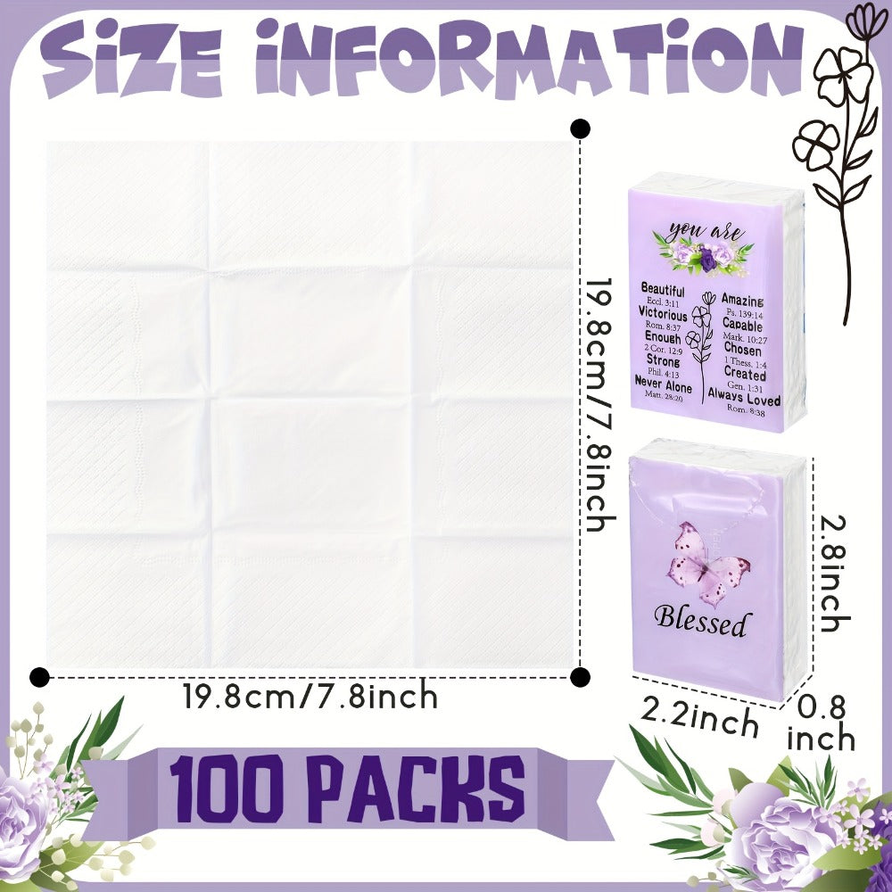 Christian Blessed Pocket Tissues 100 Pack 3-Ply Purple Butterfly Lavender Floral Design 7 Sheets Per Pack for Weddings Graduation Church
