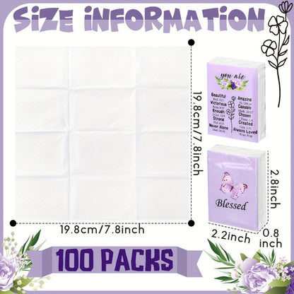 Christian Blessed Pocket Tissues 100 Pack 3-Ply Purple Butterfly Lavender Floral Design 7 Sheets Per Pack for Weddings Graduation Church