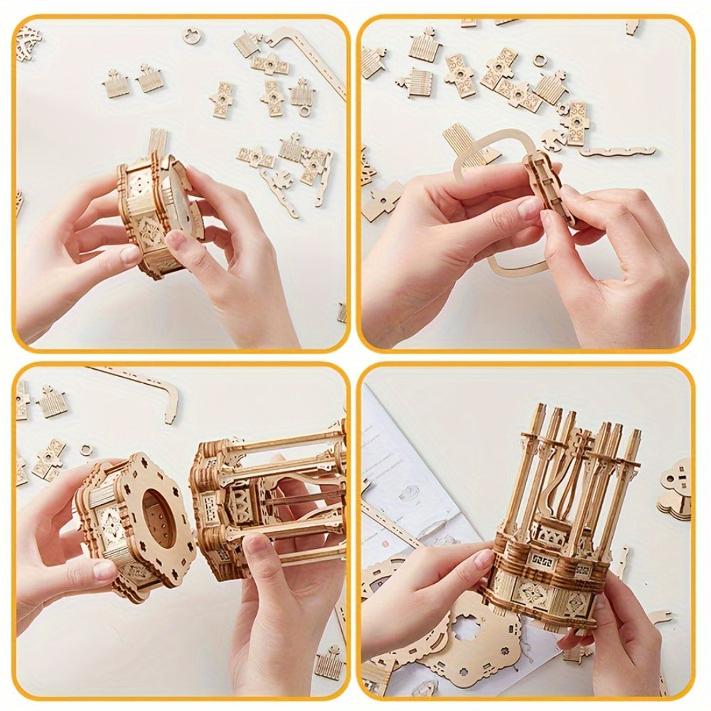 LED Wooden Lantern Model Kit, Rotating Mechanical 3D Wooden Puzzle for Adults & Teens, Glowing Vintage Desk Decor Display