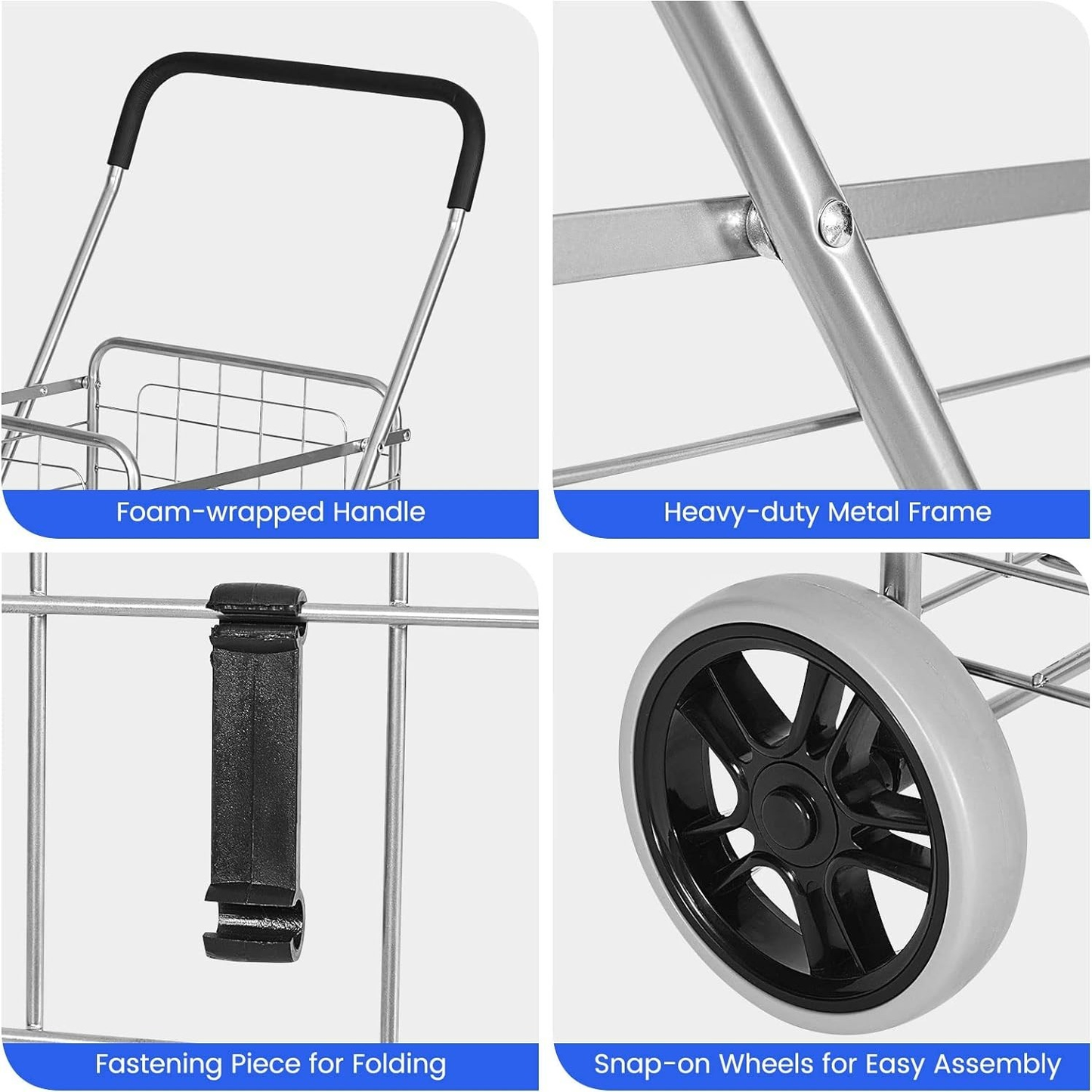 Rolling Shopping Cart Metal Basket, Foldable Grocery Utility Cart with Foam Handle Large Wheels 22 Gal for Supermarket Laundry Warehouse