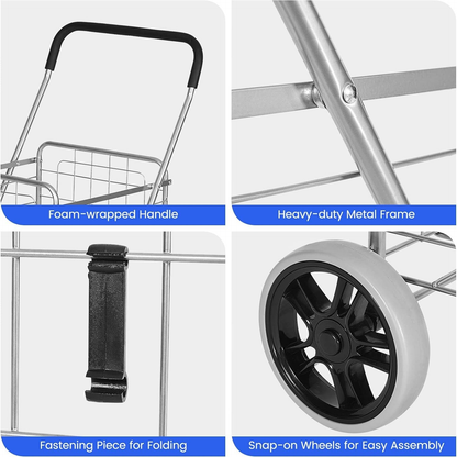 Rolling Shopping Cart Metal Basket, Foldable Grocery Utility Cart with Foam Handle Large Wheels 22 Gal for Supermarket Laundry Warehouse
