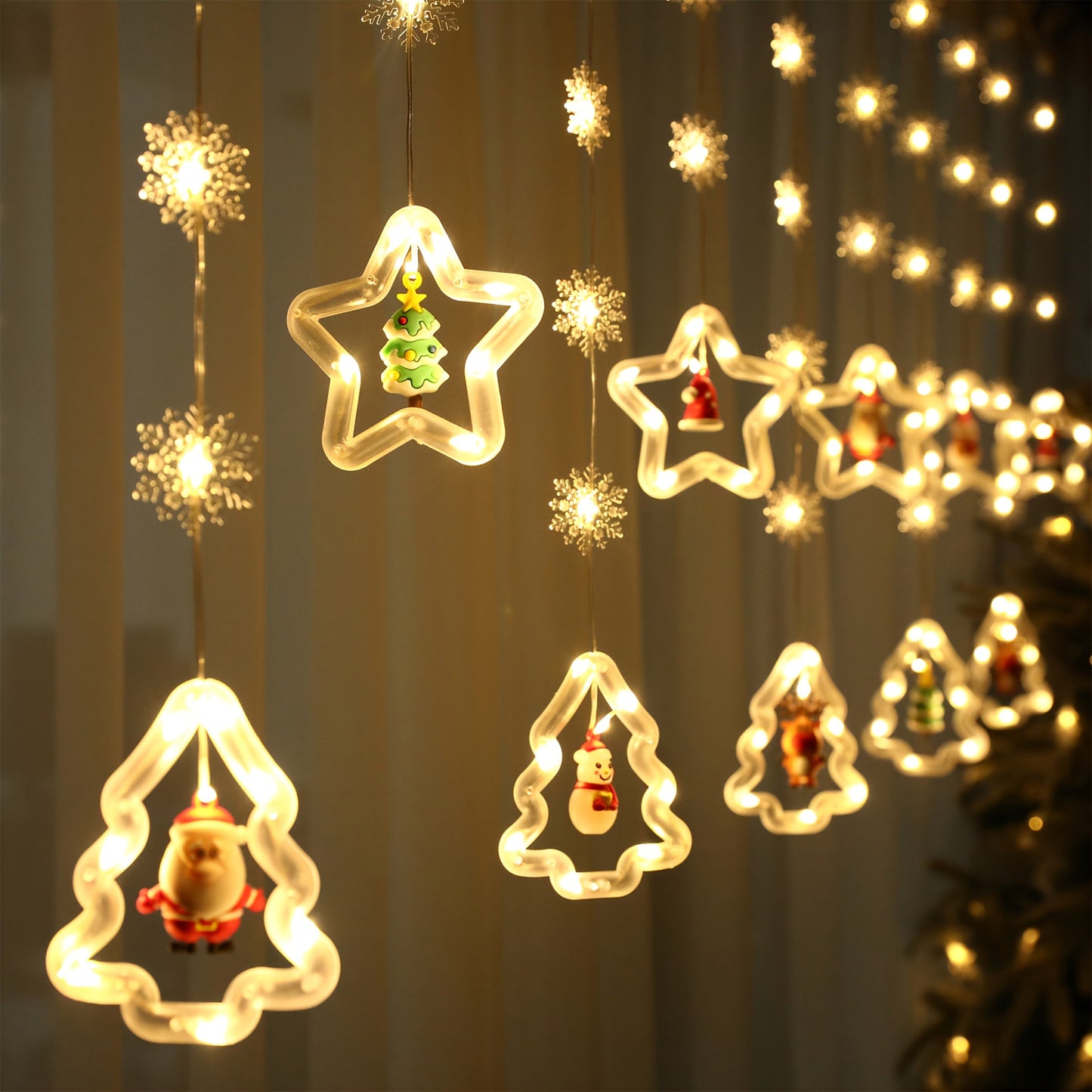 String Lights, 118-Inch USB Holiday Curtain with Ten Snowflake or Star-and-Tree Drops for Indoor Display