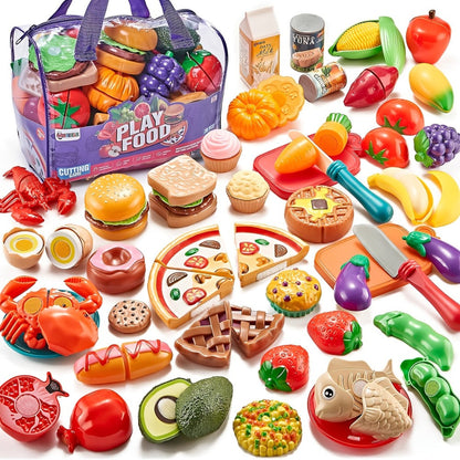 78 Pcs Kids Kitchen Toy Set with Storage Bag - Pretend Play Dinnerware, Fake Fruits & Vegetables