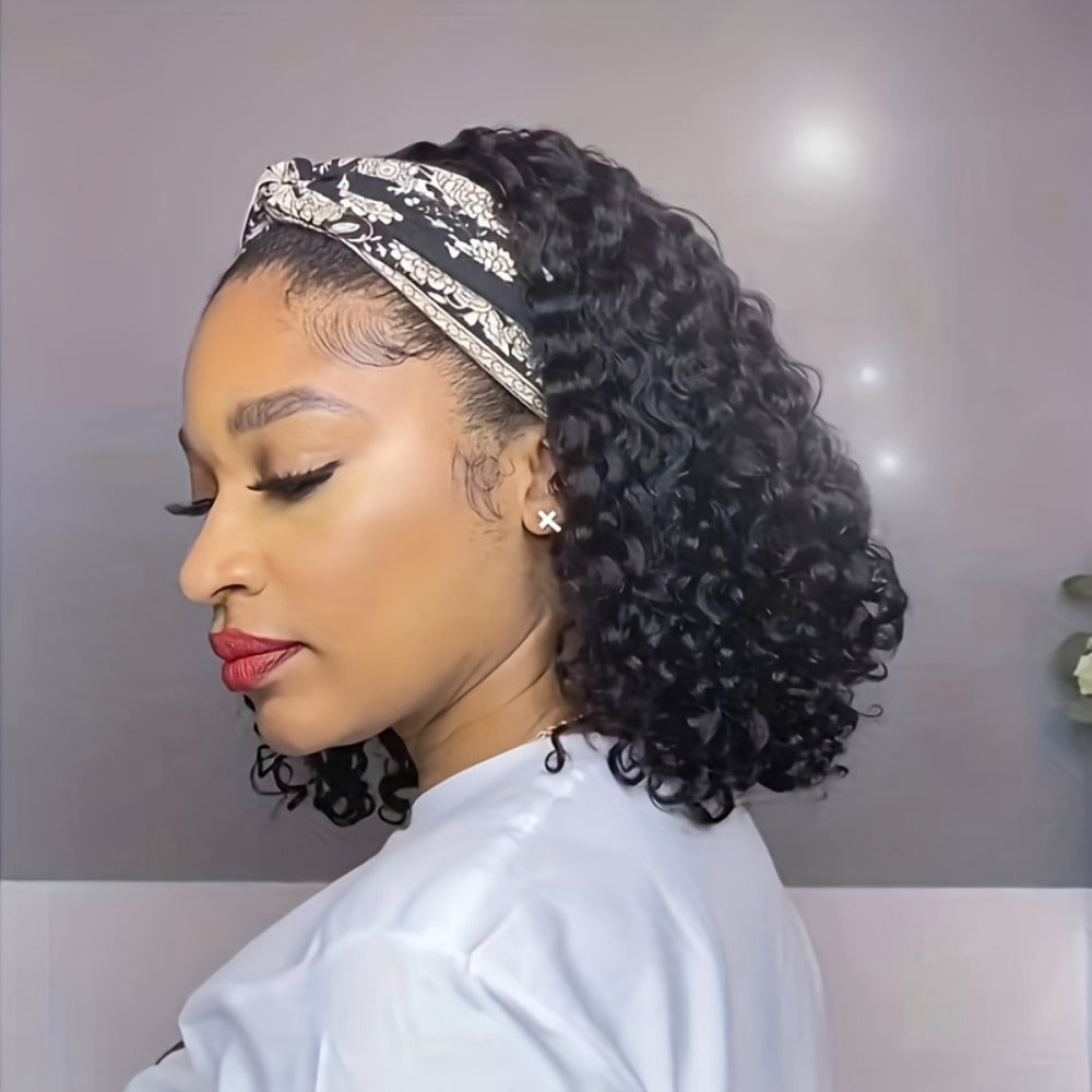 Headband Wig Curly Wavy for Women Black Synthetic Glueless No Lace – Elastic Cap Heat Resistant Beginner Friendly for Daily Wear Party