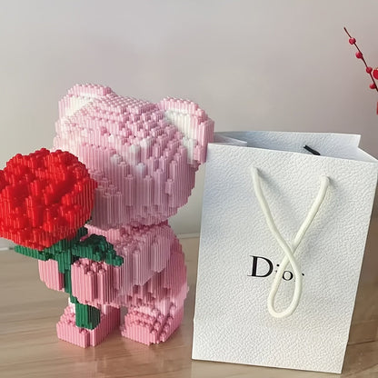 Rose Bear Building Blocks Set 4051 Pieces – Romantic Bear Holding Rose Brick Model Kit High-Difficulty Display Build