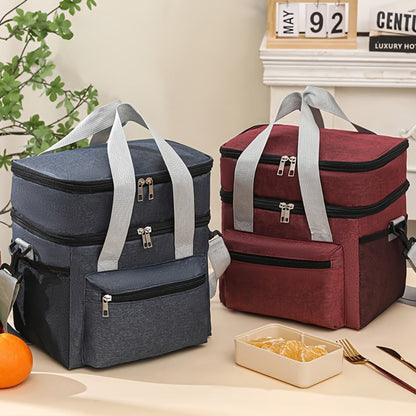 Double-Layer Lunch Bag Tote with Upper and Lower Compartments, Shoulder Strap and Four Colors