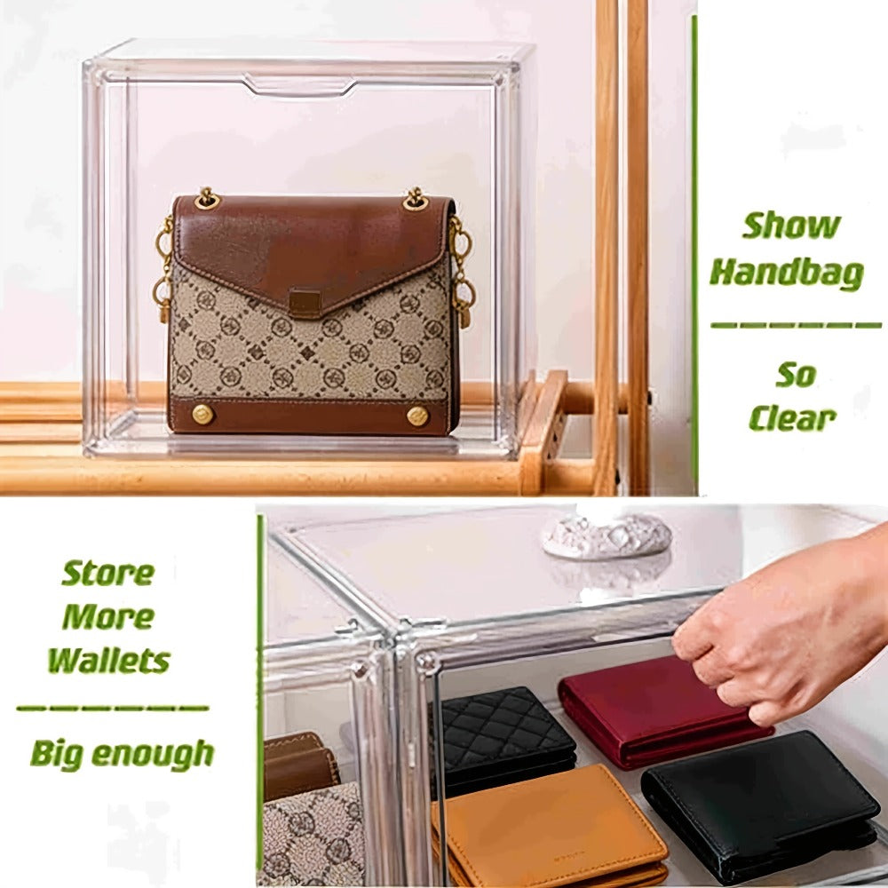 Clear Purse Organizer for Closet – Transparent Acrylic Handbag Display Case with Magnetic Door, Dustproof Stackable Storage Box for Purses