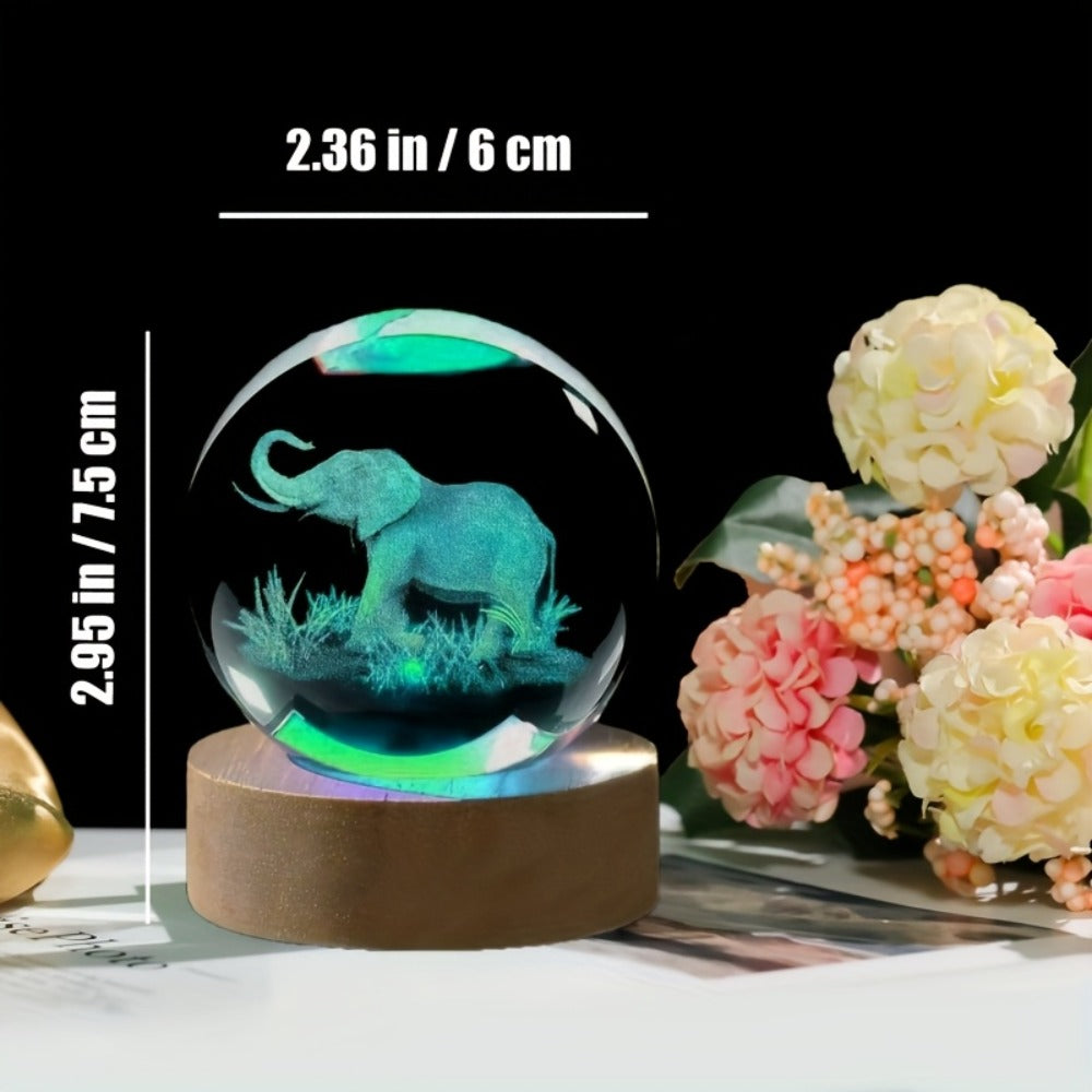 3D Elephant Crystal Ball LED Lamp USB Powered Colorful Night Light Wooden Base Elephant for Entryways, Bedrooms and Living Spaces