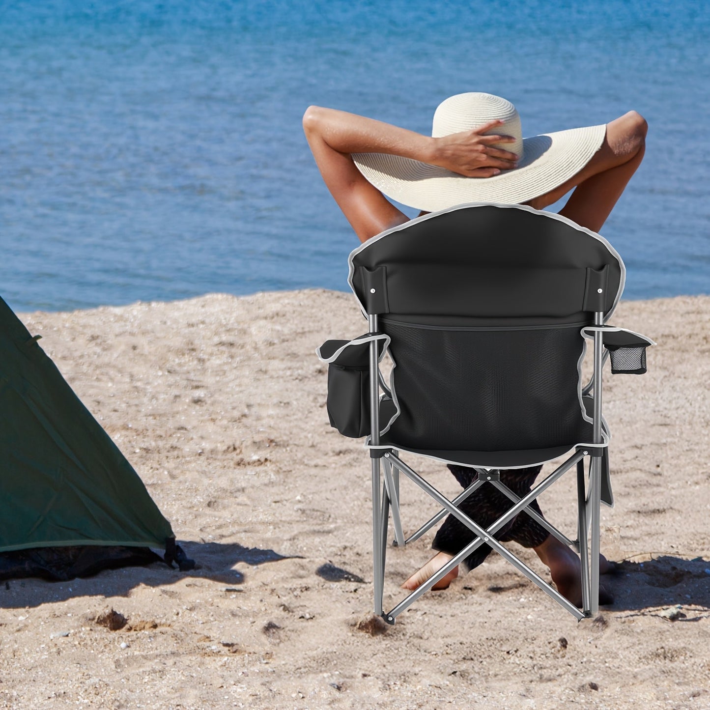 Heavy Duty Folding Camping Chair 600 Lbs Capacity – Padded Seat, Insulated Cooler Bag, Organizer Pockets & 2 Cup Holders for Camping, Beach