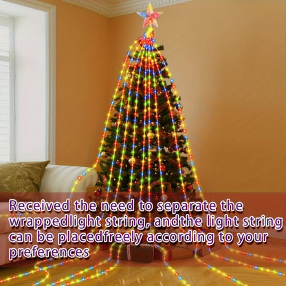 Christmas Tree Waterfall Fairy Lights 200 LED with Star Top Decoration, 8 Lighting Modes, Battery