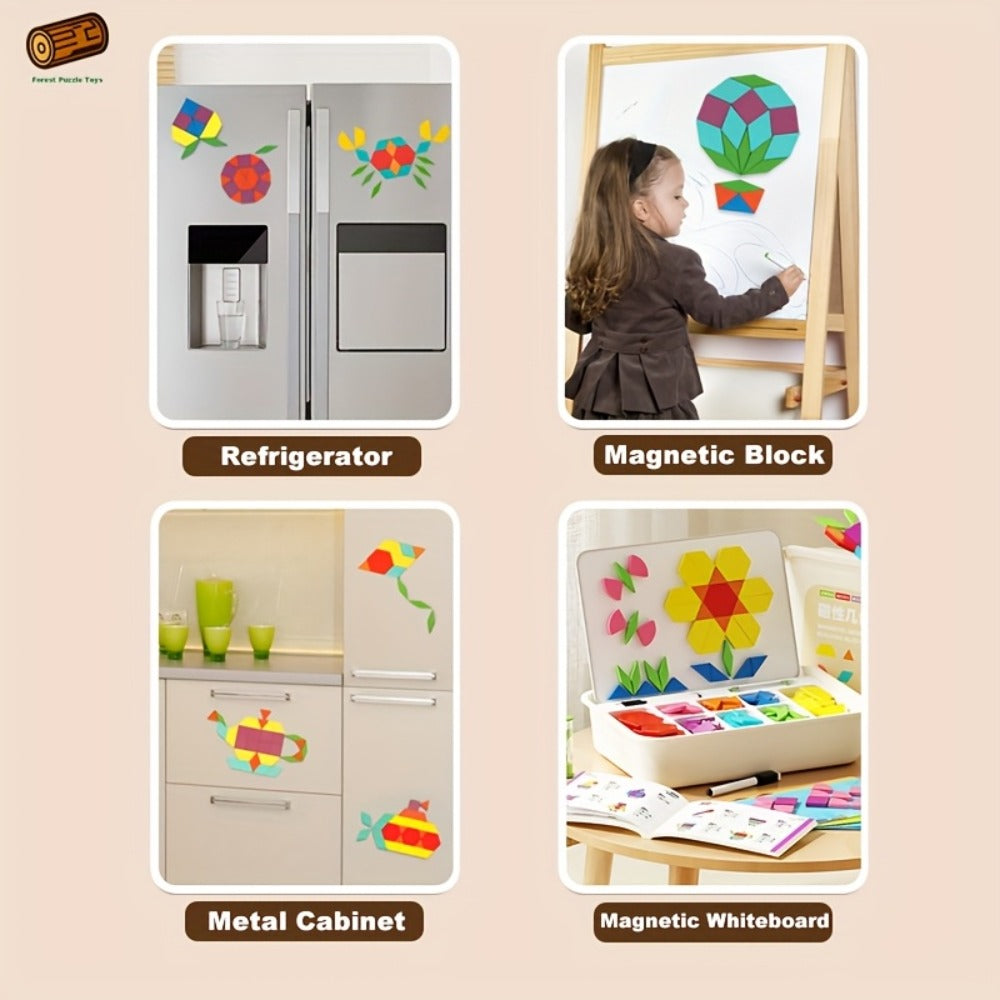 Magnetic Wooden Puzzle Board for Kids, 128/180/220/280 PCS Geometric Shape Recognition & Logical Thinking Toy