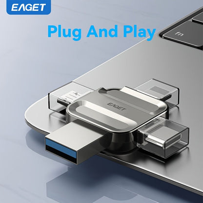 EAGET I50 iPhone Flash Drive USB 3.0 High Speed 4-in-1 Lightning Type-C Micro USB OTG Memory Stick 32GB 64GB 128GB 256GB for iPhone iPad