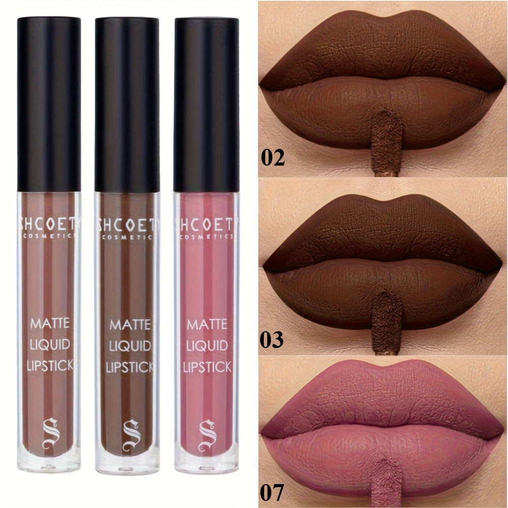 Bear Lip Glaze Set 3 Colors, Cute Bear Packaging Velvet Matte Waterproof Liquid Lipstick in Brown Pink & Red