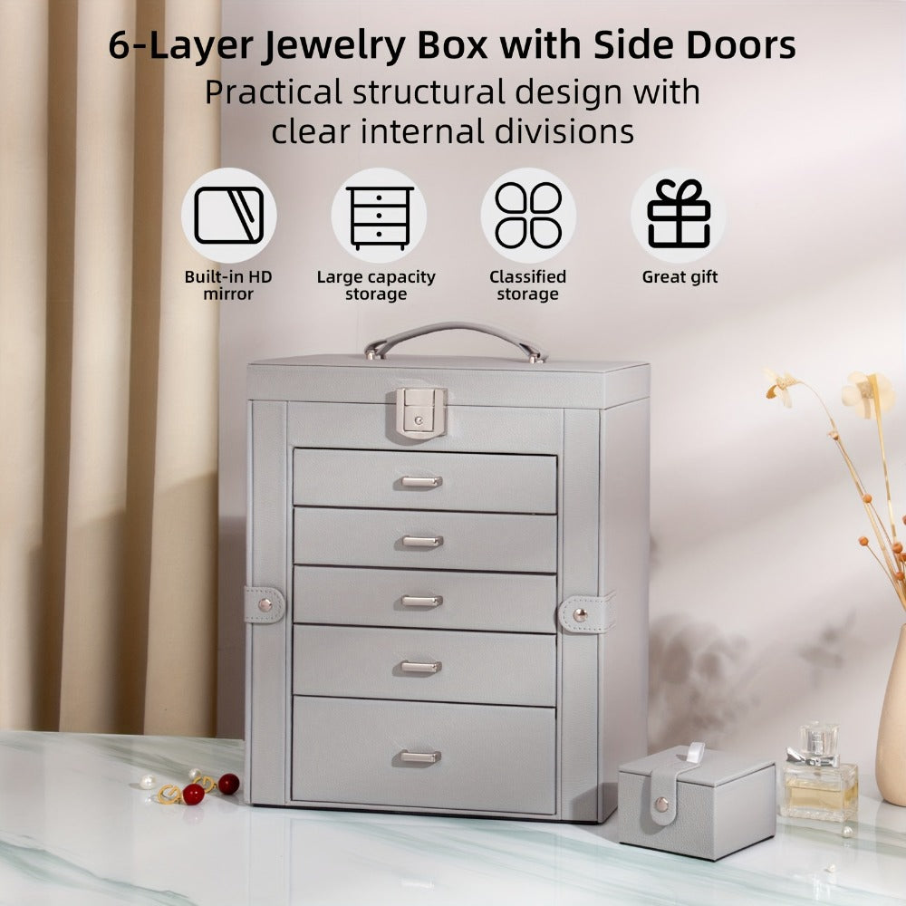 Jewelry Organizer 6-Tier Brown Storage Box with 5 Drawers, Built-In Mirror and Key-Lock Closure