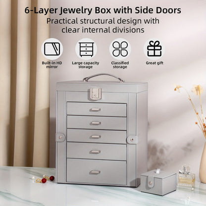 Jewelry Organizer 6-Tier Brown Storage Box with 5 Drawers, Built-In Mirror and Key-Lock Closure