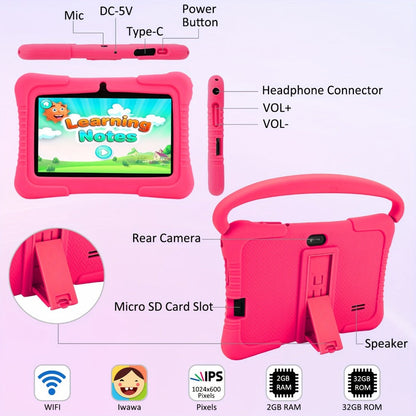 Veidoo 7 Inch Kids Tablet with Drop-Proof Silicone Cover – Eye Protection Screen, WiFi, 2GB RAM 16GB/32GB ROM, Dual Camera