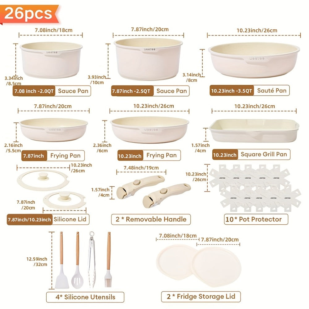 Cookware Set A Dinnerware 16- or 26-Piece Detachable-Handle Pots and Pans in Black or Beige for Compact Storage