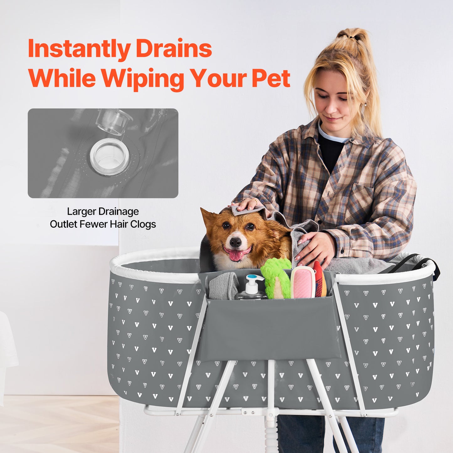 Elevated Foldable Pet Bathtub – Stand-Up Dog Grooming Tub with Carbon Steel Legs, 220 lbs Capacity & Expandable Drain Hose | 33"x18" PVC Tub