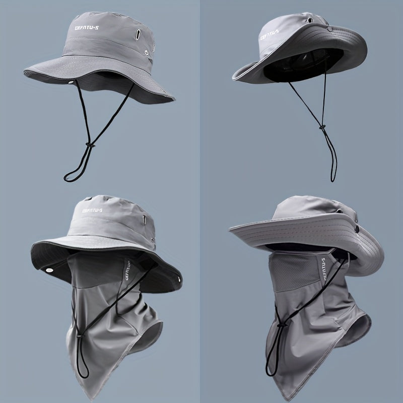 Wide Brim Sun Hat with Face Mask 2-Set UV Protection Foldable Fishing Hat, Breathable Drawstring Outdoor Cap for Beach, Fishing