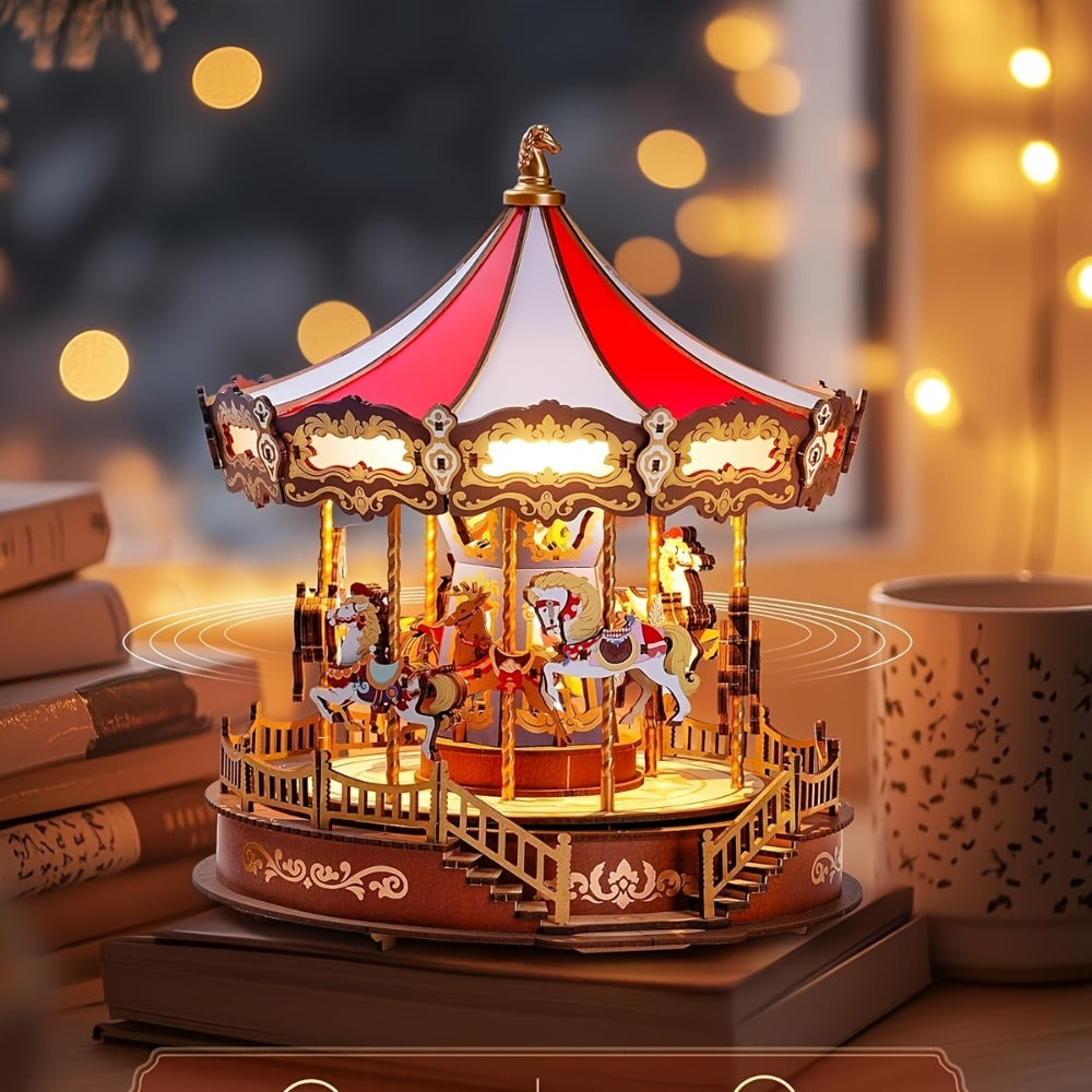 Rolife Carousel Music Box Kit, DIY 3D Wooden Puzzle Architectural Craft Model, Spinning Carousel with Music