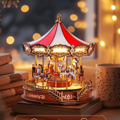Rolife Carousel Music Box Kit, DIY 3D Wooden Puzzle Architectural Craft Model, Spinning Carousel with Music