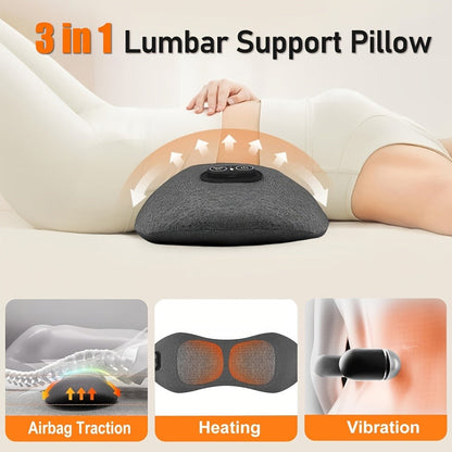 Lower Back Massager with Heat, 3-in-1 Lumbar Support Pillow with Vibration & Traction for Back Pain