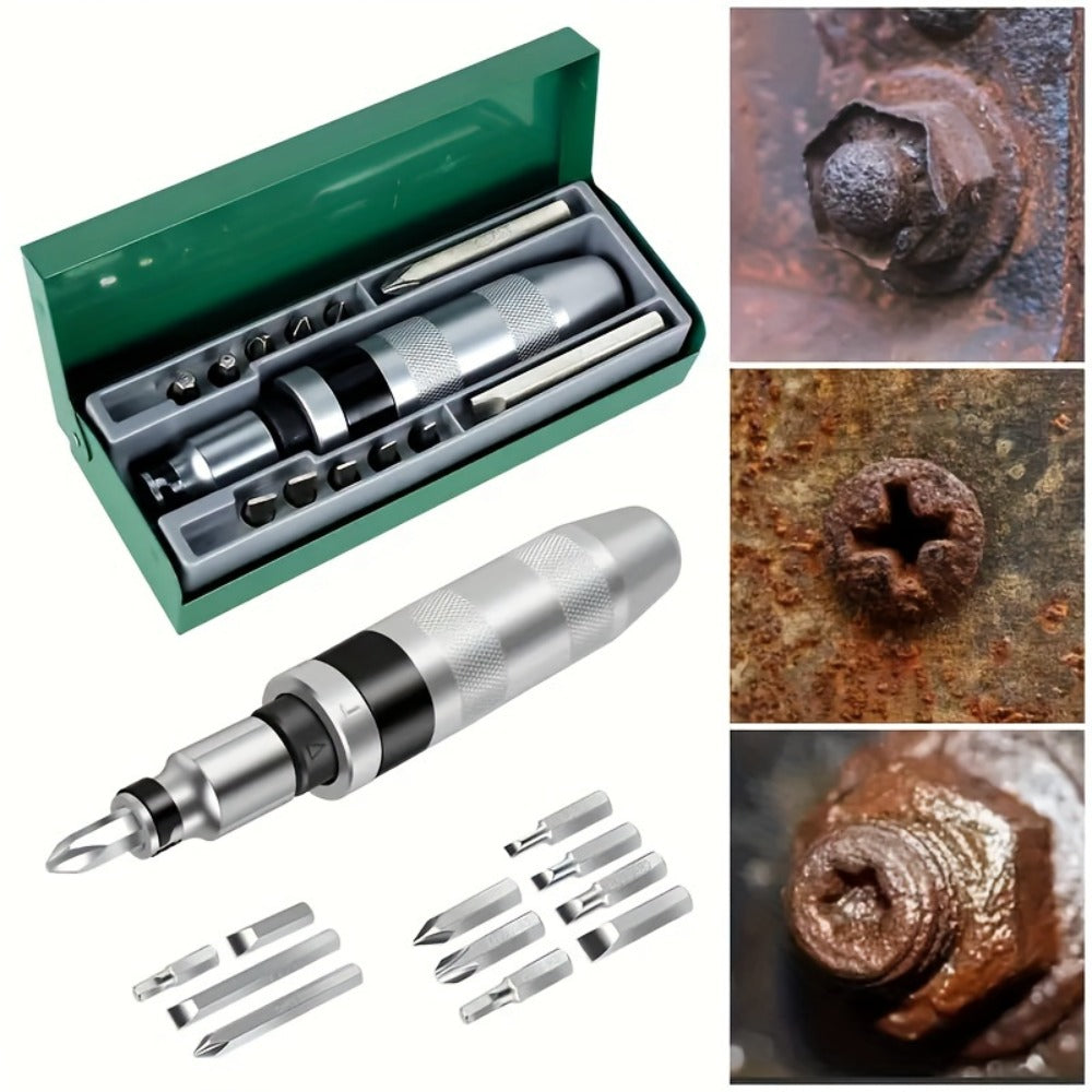 Impact Screwdriver Set 13-Piece – Shock Screw Bits, Chisel Bits & Screw Extractor Remover Kit, Multifunctional Metal Shock Driver Tool Set