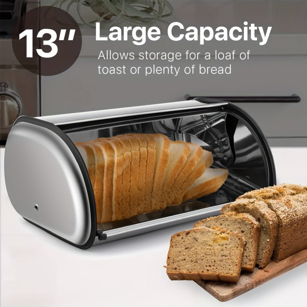 Stainless Steel Roll Top Bread Box 13 Inch - Countertop Bread Storage Container with Lid, Keeps Bread Fresh & Insect-Free