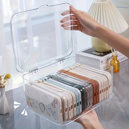 Clear Lidded Phone Case Storage Box, 10.2 x 7.9 x 5.1-Inch Desktop Organizer for Accessories