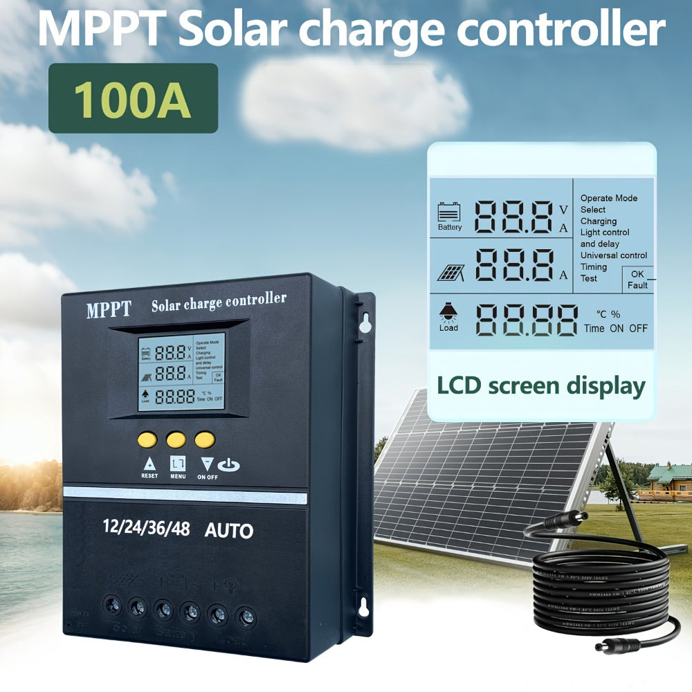 100A MPPT Solar Charge Controller with LCD Display Auto Tracking for 12V 24V 36V 48V Systems Lead-Acid Lithium LiFePO4 Batteries Off-Grid