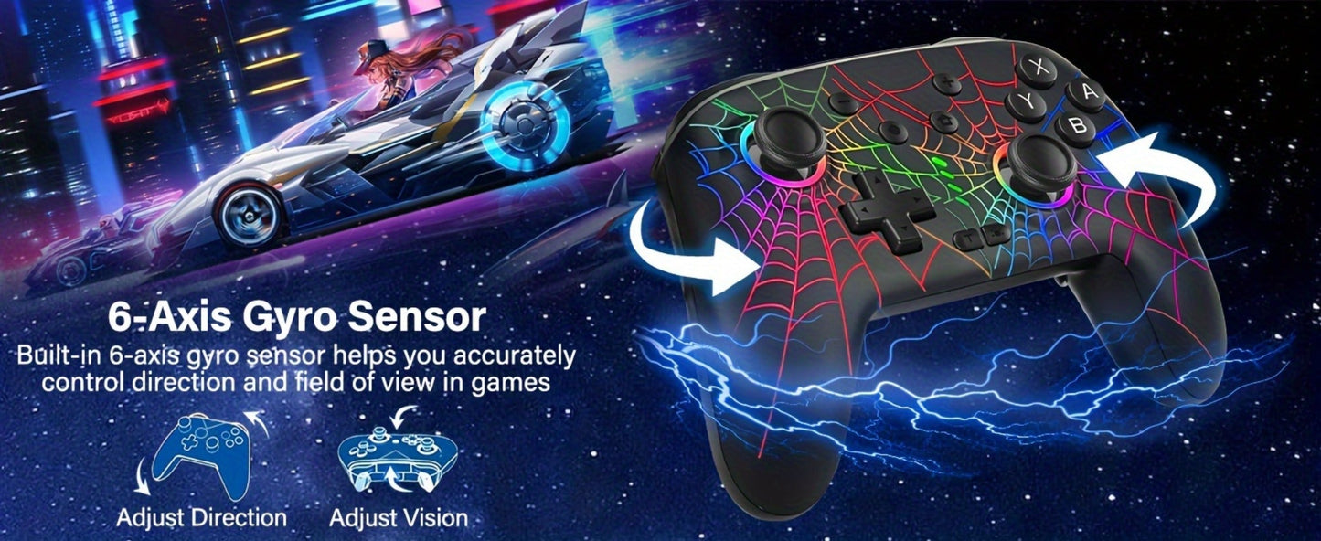 RGB Wireless Gaming Controller in Black with Spiderweb Shell, Back Buttons and USB-C Charging for Switch Systems