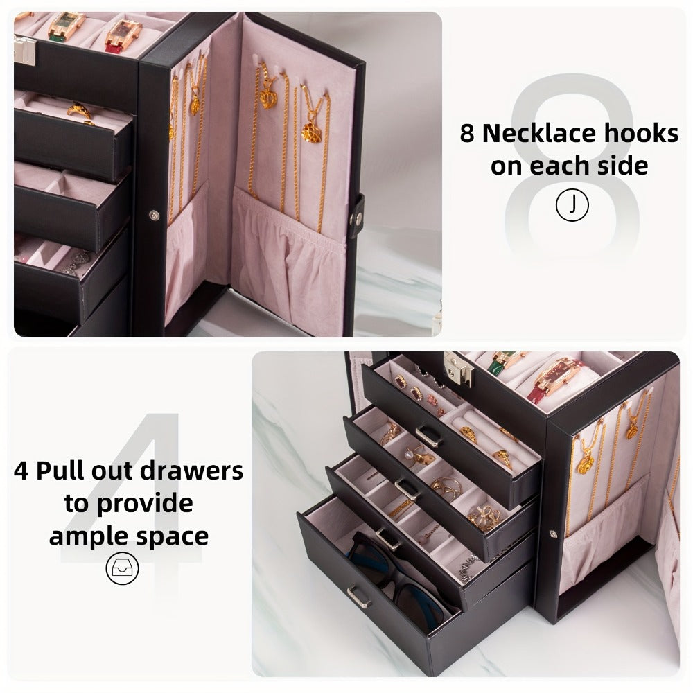 Jewelry Box, Five-Tier PU-Leather Organizer with Built-In Mirror, Key Lock and Three Color Options