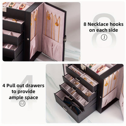 Jewelry Box, Five-Tier PU-Leather Organizer with Built-In Mirror, Key Lock and Three Color Options