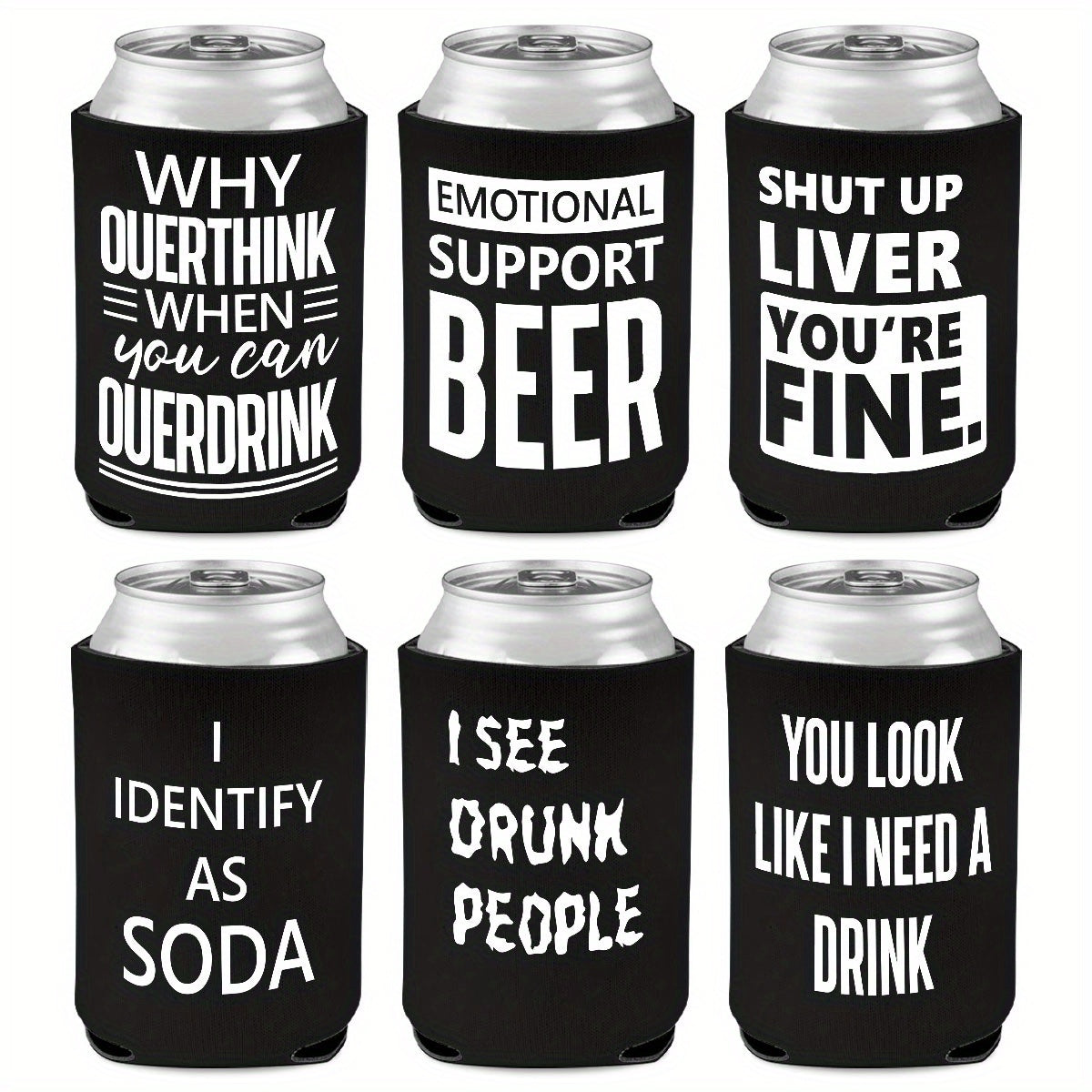 6-Pack Neoprene Beer Can Coolers with Funny Drinking Phrases – Insulated Drink Sleeves for Soda & Lager – Durable Cylindrical Can Huggers