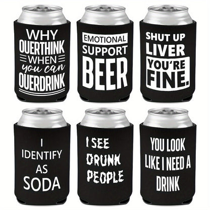 6-Pack Neoprene Beer Can Coolers with Funny Drinking Phrases – Insulated Drink Sleeves for Soda & Lager – Durable Cylindrical Can Huggers