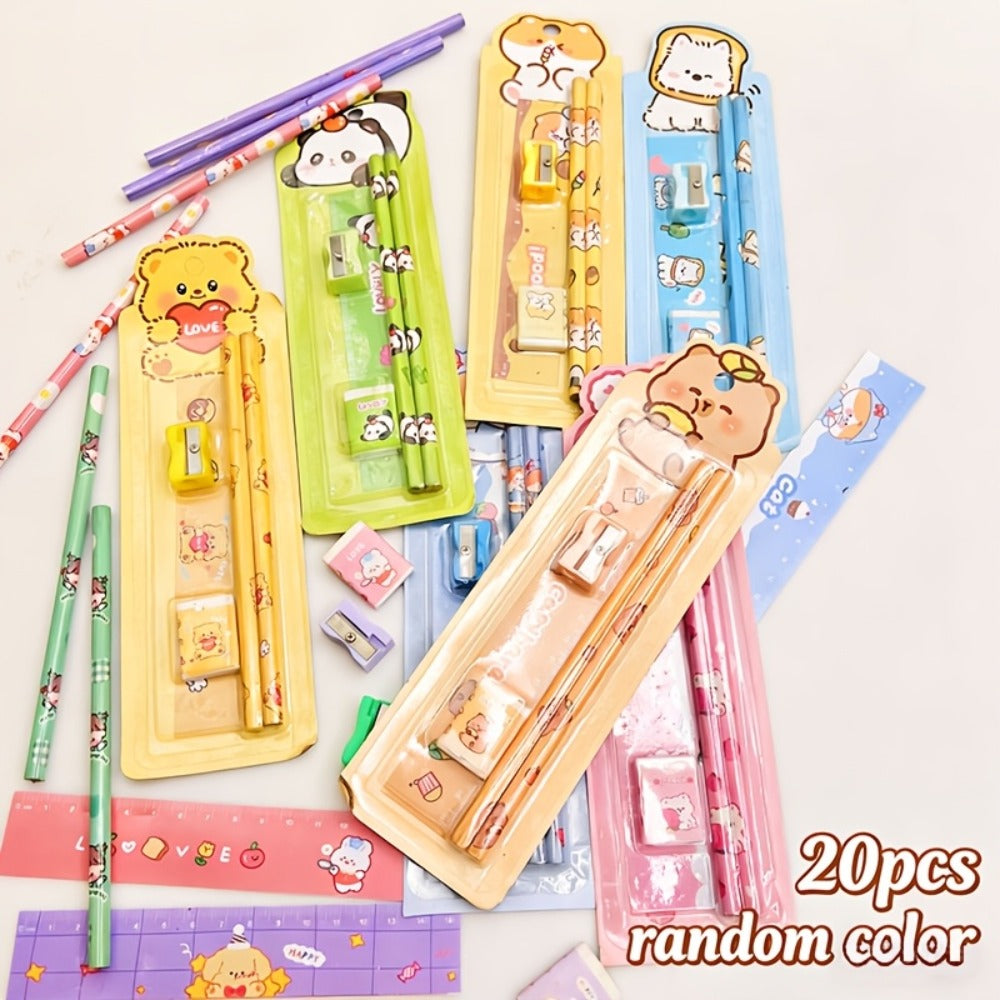 20-Piece Cartoon Pencil Stationery Set with Ruler Eraser Sharpener, Random Cartoon Styles, Kids School Supplies, Party Favor Prizes