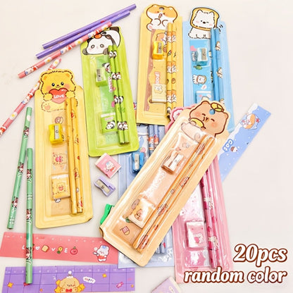 20-Piece Cartoon Pencil Stationery Set with Ruler Eraser Sharpener, Random Cartoon Styles, Kids School Supplies, Party Favor Prizes