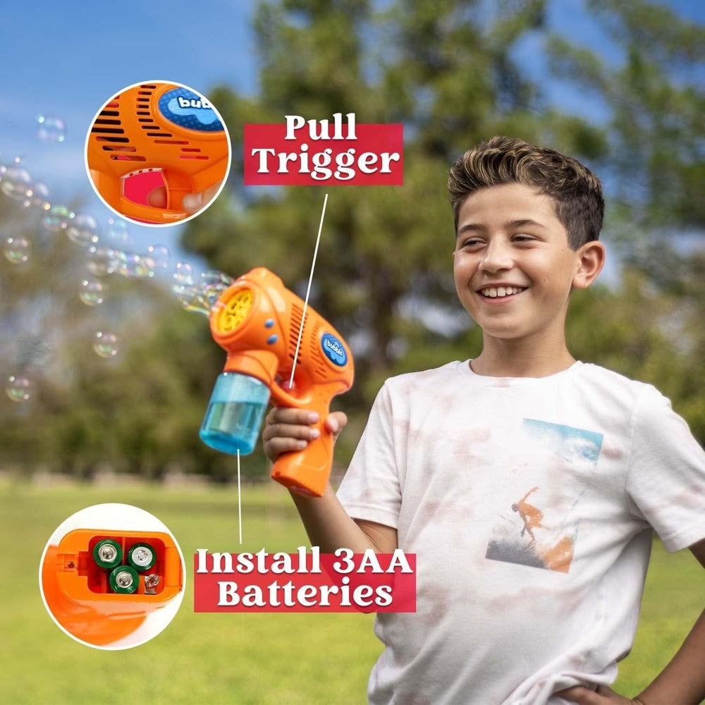 3-Pack Bubble Gun Blower with 3 Pre-Loaded Solution Refills, Hand-Powered, Color-Changing Bubbles