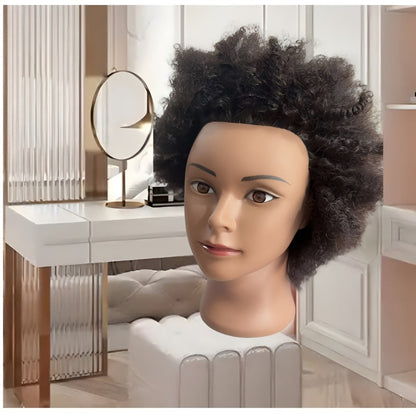 Mannequin Head Human Hair Afro Curly with Clamp Cosmetology Practice Training Head for Hairdresser Braiding Styling Cutting 4 Styles Natural