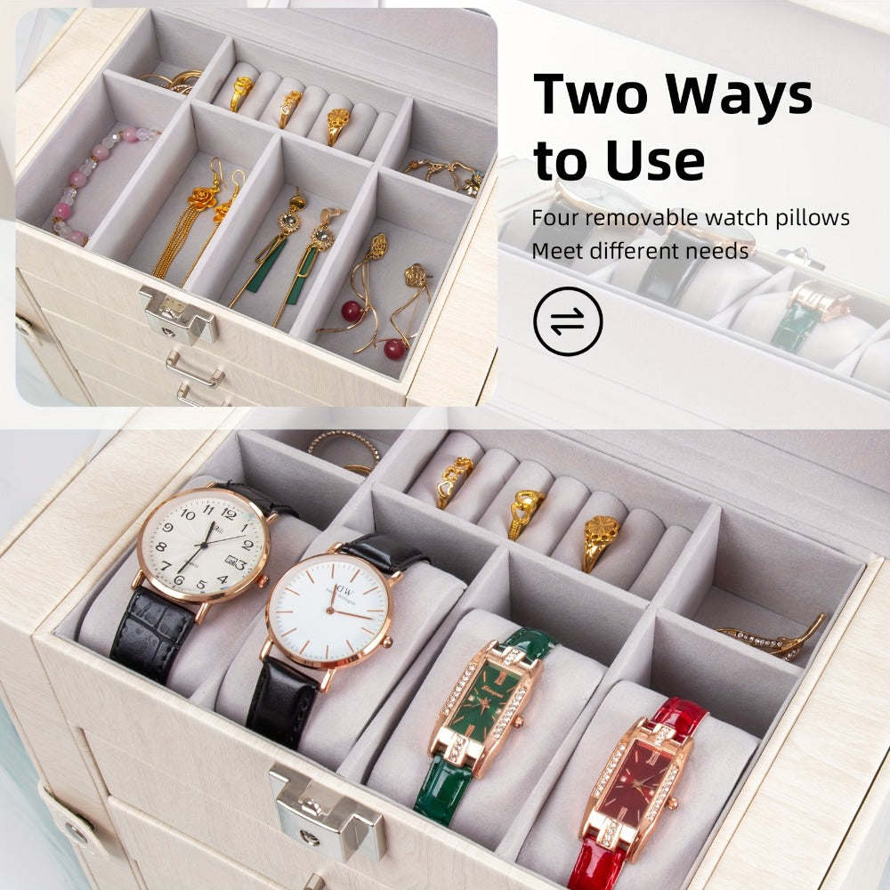 Jewelry Box, Five-Tier PU-Leather Organizer with Built-In Mirror, Key Lock and Three Color Options
