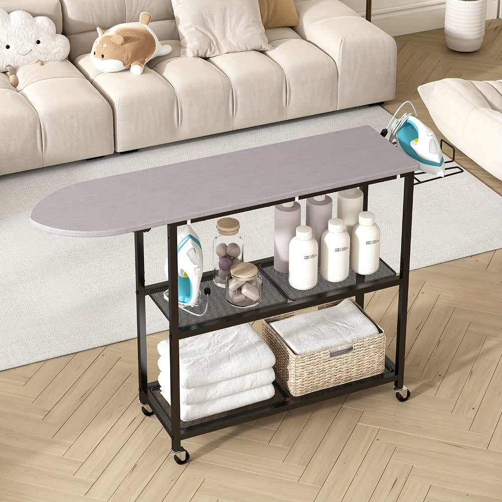3-Tier Ironing Board Cart with Wheels, Rolling Laundry Station with Multi-Layer Storage Shelves for Living Room