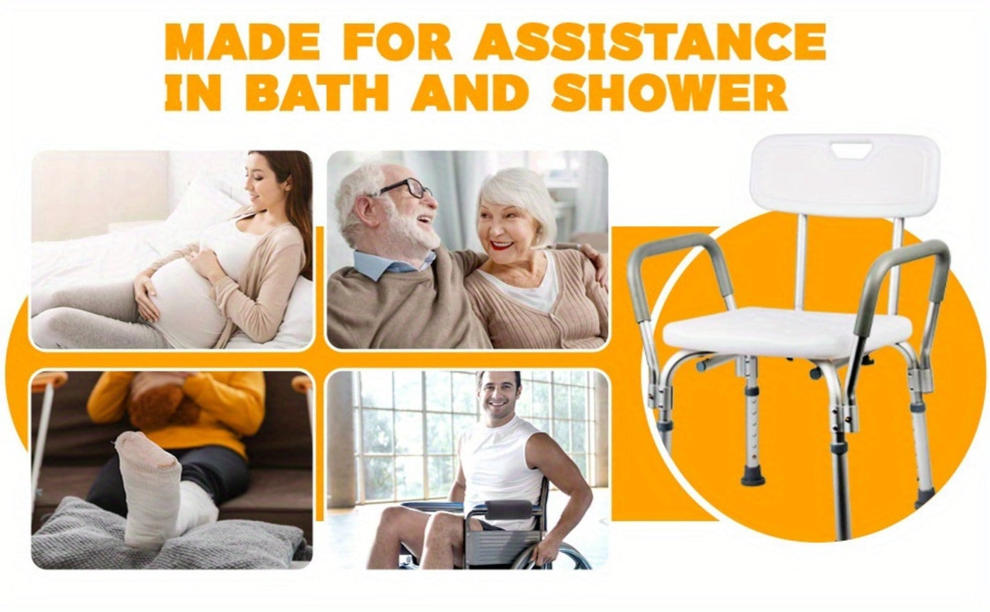 Shower Chair with Armrests & Backrest, Height Adjustable Aluminum Bath Seat, Rubber Feet, Cushioned Support for Elderly