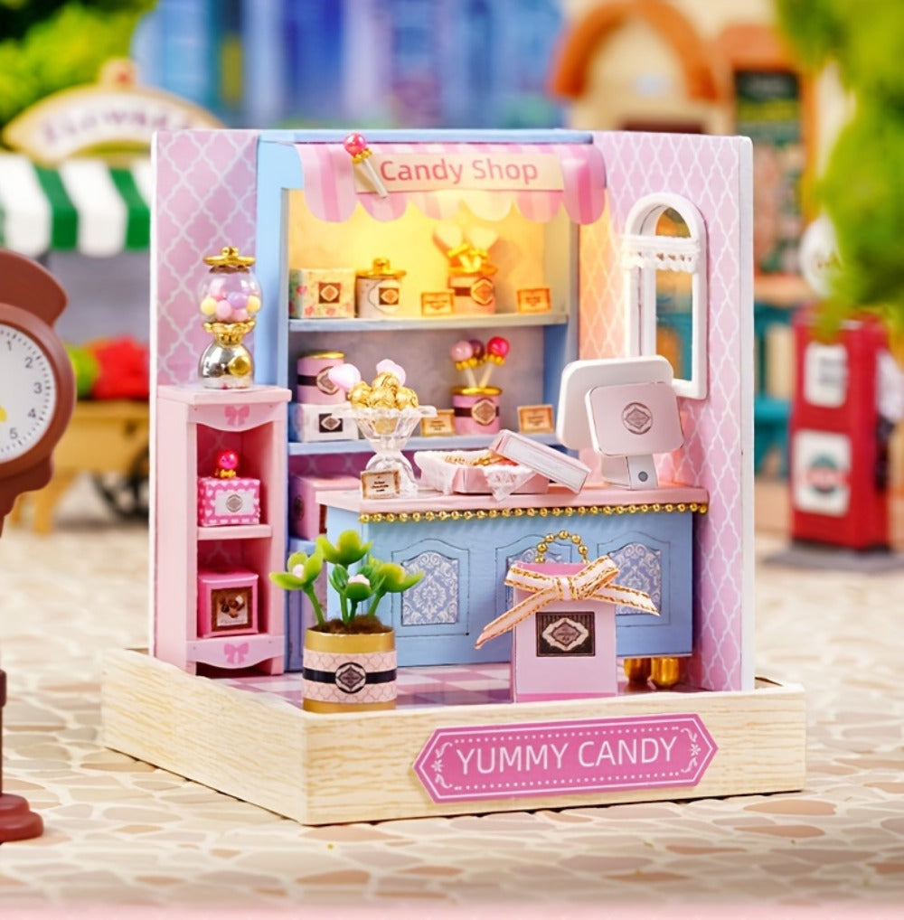 DIY Miniature Shop Dollhouse Kit with Dust Cover, Wooden Mini Store Assembly Set, 4 Themes Sakura Noodles Candy Atelier Coffee