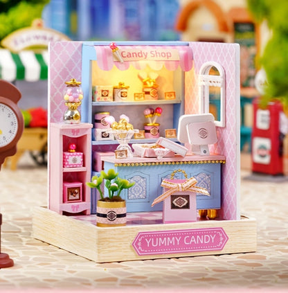 DIY Miniature Shop Dollhouse Kit with Dust Cover, Wooden Mini Store Assembly Set, 4 Themes Sakura Noodles Candy Atelier Coffee