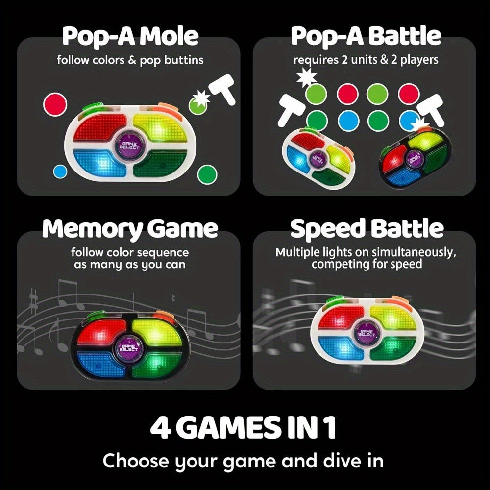 Portable Handheld Gaming Device 2-Pack, 7-Button Electronic Game with 4 Modes, Light & Sound, Memory & Speed Battle for Kids Ages 8+