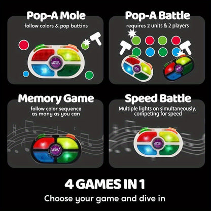 Portable Handheld Gaming Device 2-Pack, 7-Button Electronic Game with 4 Modes, Light & Sound, Memory & Speed Battle for Kids Ages 8+