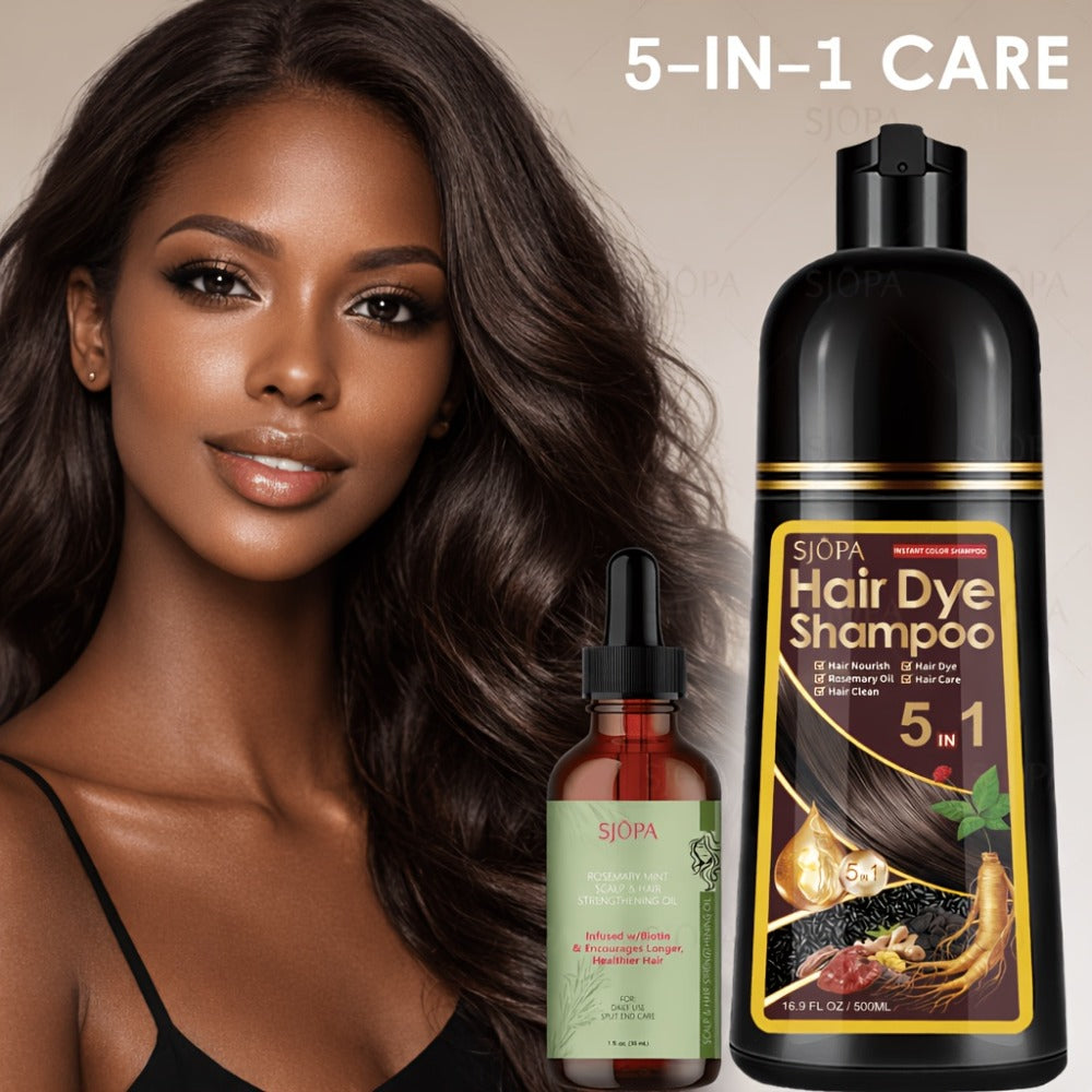 Gray Coverage Hair Dye Shampoo Kit 3-in-1 with Rosemary Hair Oil - Quick Color, Gentle & Natural Formula for Men & Women