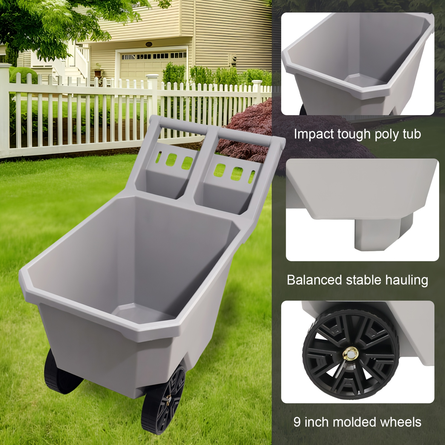 Wheelbarrow 2-Wheel Yard Cart, Push Pull Design with 9-Inch Solid Wheels, Trash & Garden Cart, Gray