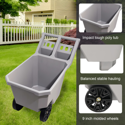 Wheelbarrow 2-Wheel Yard Cart, Push Pull Design with 9-Inch Solid Wheels, Trash & Garden Cart, Gray